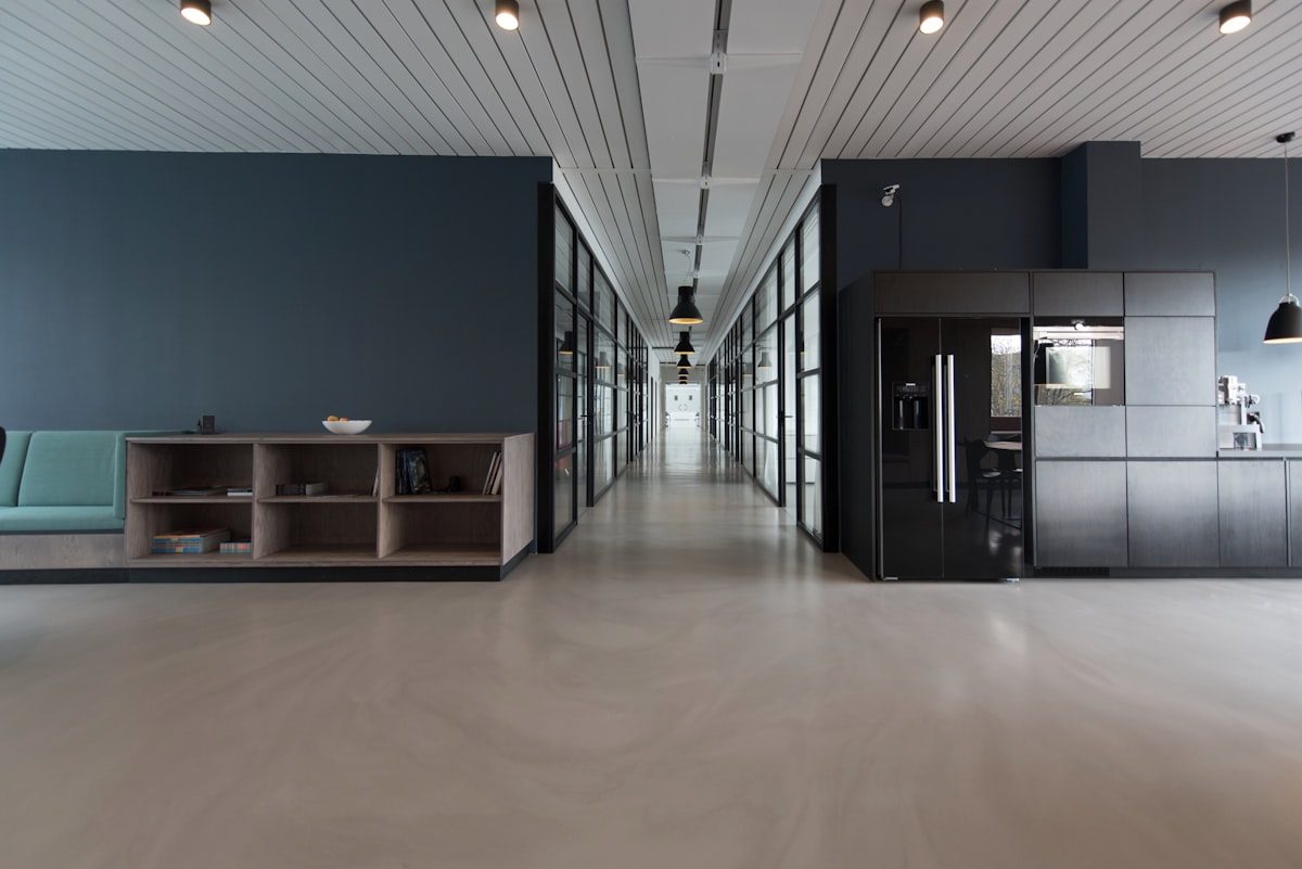 Cinematic open plan office layout designed by Drishya Design