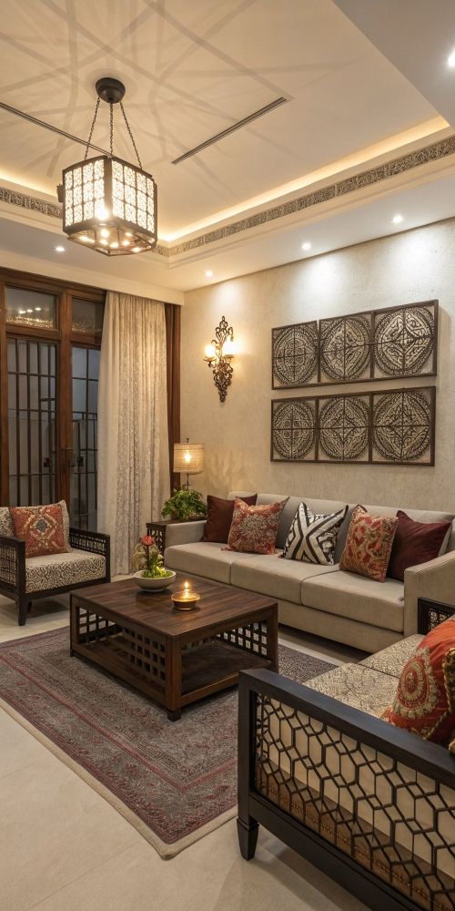 Traditional living room with carved wood furniture