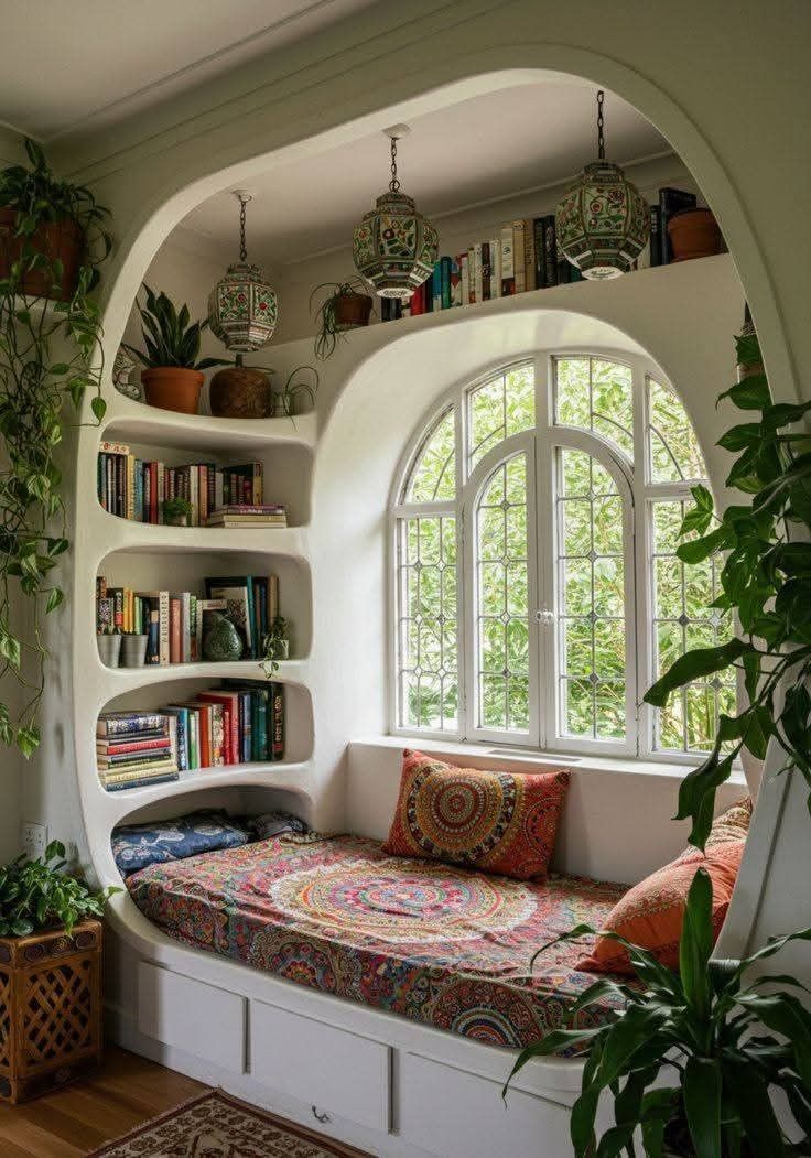 Curved reading nook with handcrafted shelves and soft daylight