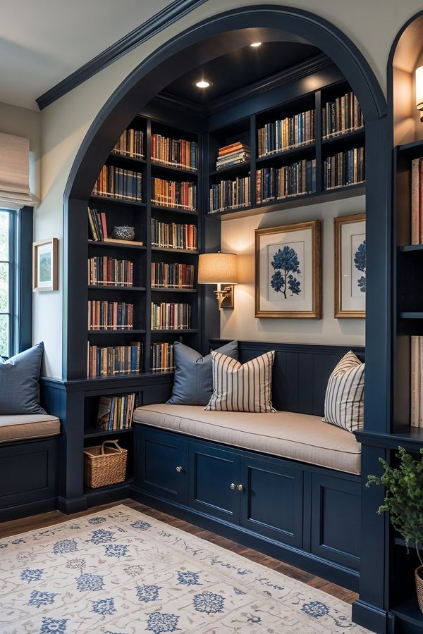 Arched reading alcove with built-in shelves and a window seat