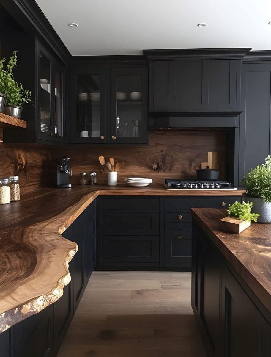 Contemporary black and wood kitchen