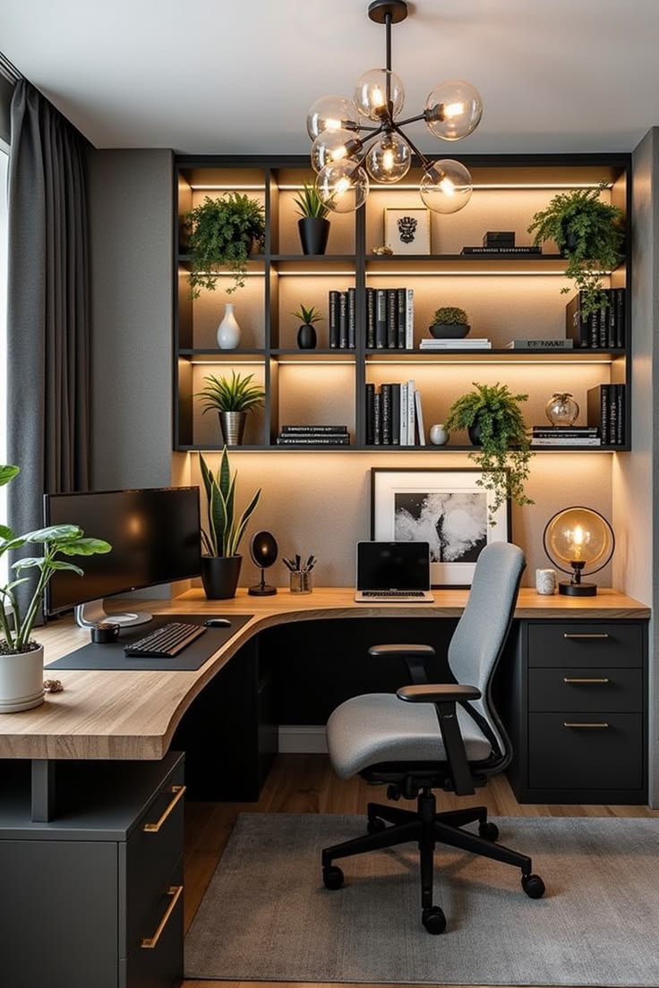 Home office with built-in shelving, a corner desk and accent lighting