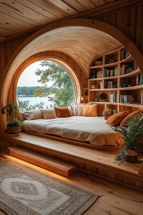 Built-in sleeping nook with a round window and timber lining