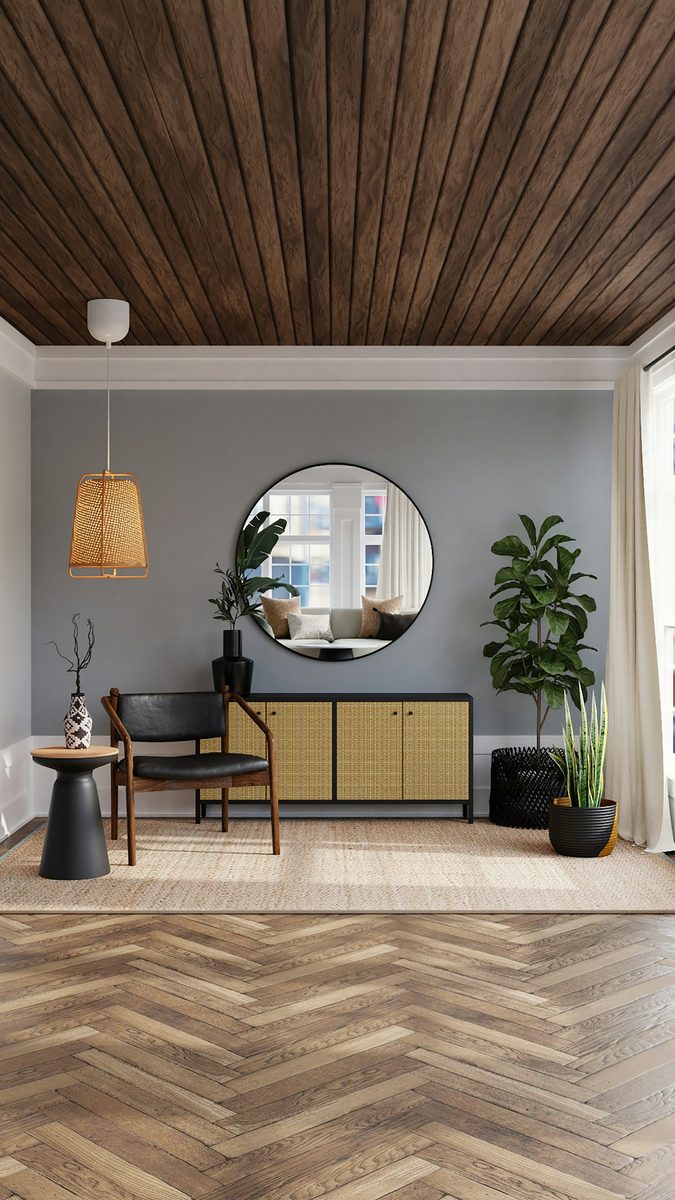 Cinematic luxury living room with wood wall panel designed by Drishya Design